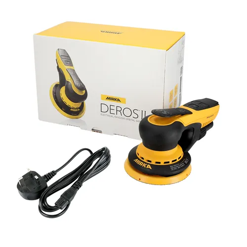 A yellow and black Mirka DEROS II electric sander with its power cord is displayed, with the product box visible in the background.