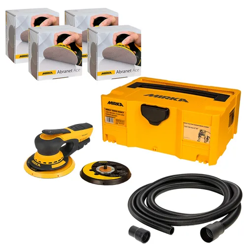 A Mirka sanding kit featuring a yellow and black electric sander, sanding discs, four boxes of pads, a case, and a vacuum hose.