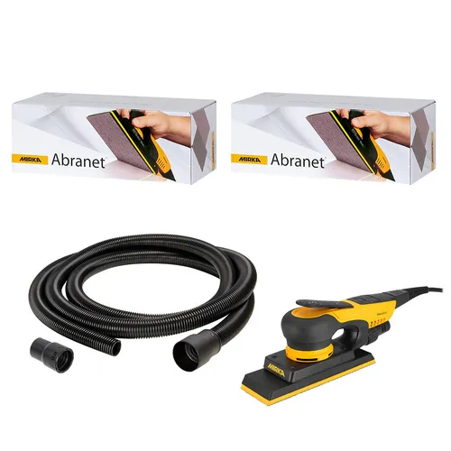 Two boxes of Mirka Abranet sanding sheets, a black flexible hose with connectors, and a yellow and black electric sander on white background.