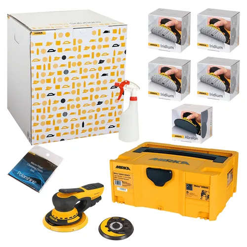 A set of sanding and polishing tools with a yellow power sander, sanding discs, spray bottle, toolbox, wipes, and several boxes.