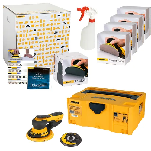 Mirka sanding kit with a yellow sander, storage case, sanding discs, spray bottle, sanding pad packs, microfiber cloth, and white box.