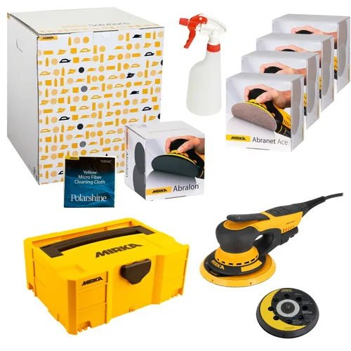 A Mirka sanding kit with a yellow case, electric sander, sanding pads, abrasives, spray bottle, and microfiber cloth on white background.