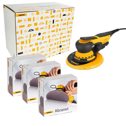 A yellow and black Mirka electric sander with its box and three packs of Mirka Abranet sanding discs, each showing a hand using the sander.