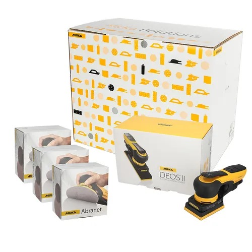 A sanding tool kit with a Mirka DEOS II electric sander, boxes of Abranet sanding pads, and a large Mirka box in yellow and black.