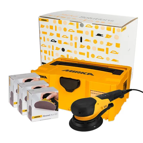 A yellow Mirka electric sander kit with a sander, yellow case, three sanding disc boxes, and a white box in the background.