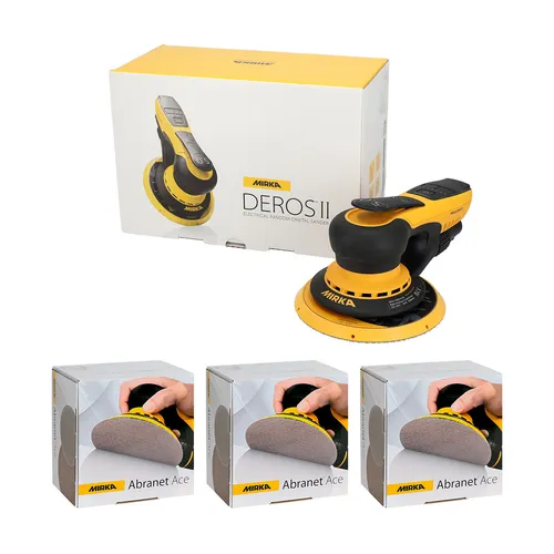 A yellow and black Mirka DEROS II electric random orbital sander with its packaging and three boxes of Mirka Abranet Ace sanding discs.
