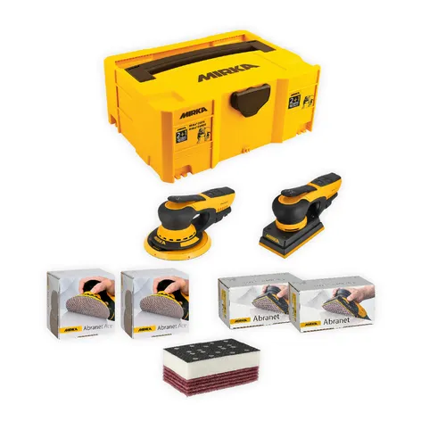 A yellow Mirka storage case, two yellow and black sanding tools, three Abranet disc boxes, and sanding pads on a white background.