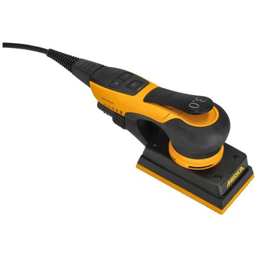 A yellow and black electric Mirka sander with a rectangular sanding pad, power cord, and handle buttons, seen from an angled top view.