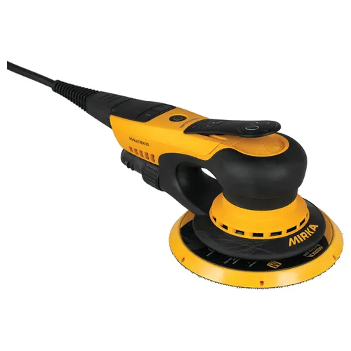 A black and yellow electric sanding tool with a round sanding pad is shown against a white background. The power cord extends from the back.