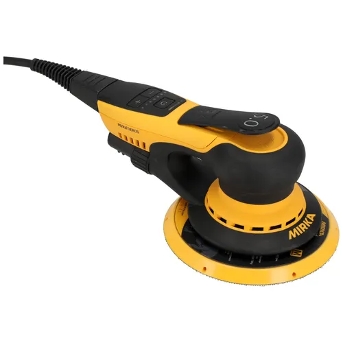 A yellow and black Mirka electric orbital sander with a circular sanding pad, displayed on a white background.