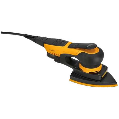 A black and yellow electric multi-purpose sander with a triangular sanding pad and power cord, on a white background.