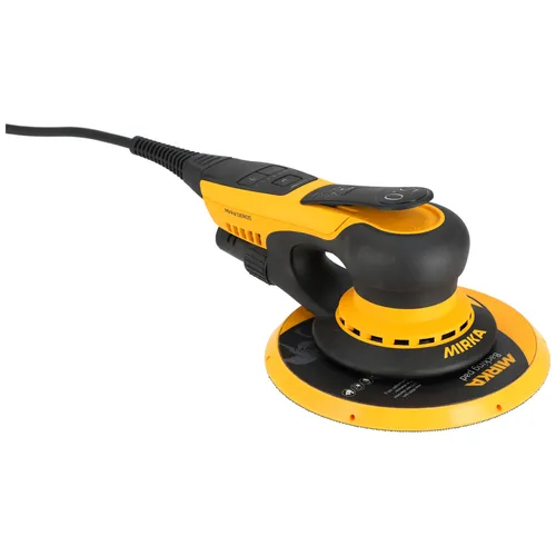 A yellow and black electric orbital sander with a circular sanding pad, power cord, and handle controls, branded Mirka.