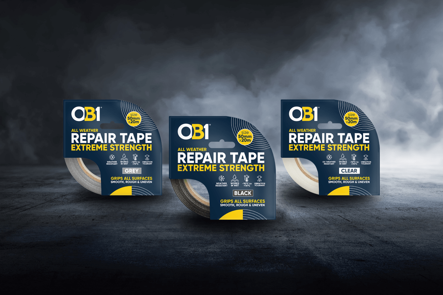 Three rolls of OB1 All Weather Repair Tape in grey, black, and clear on a dark surface; ideal for use after paint remover.