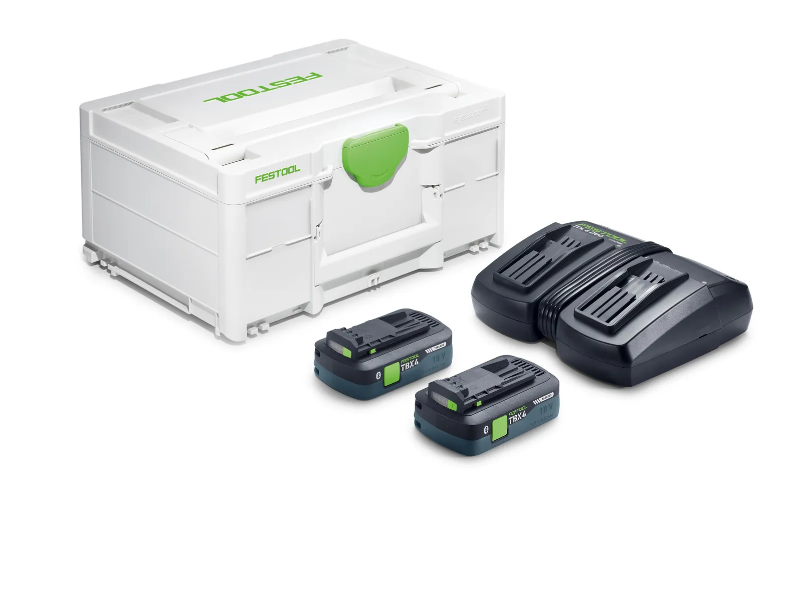 A white Festool 578815 Energy set SYS 18V 2xTBX8/SCA16 with a green latch, two black 18V batteries, and a dual charger on white.
