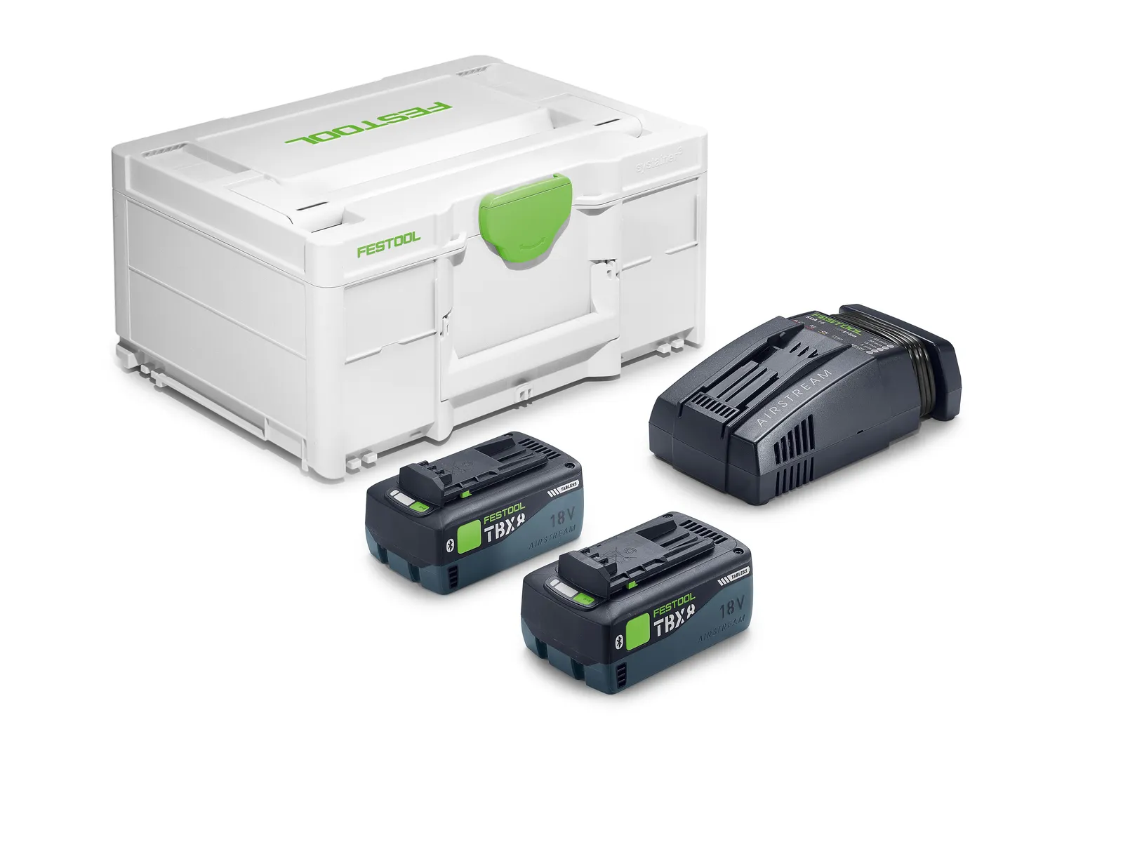 A Festool 578815 Energy set with a white box, green latch, two 18V batteries, and black charger on a white background.