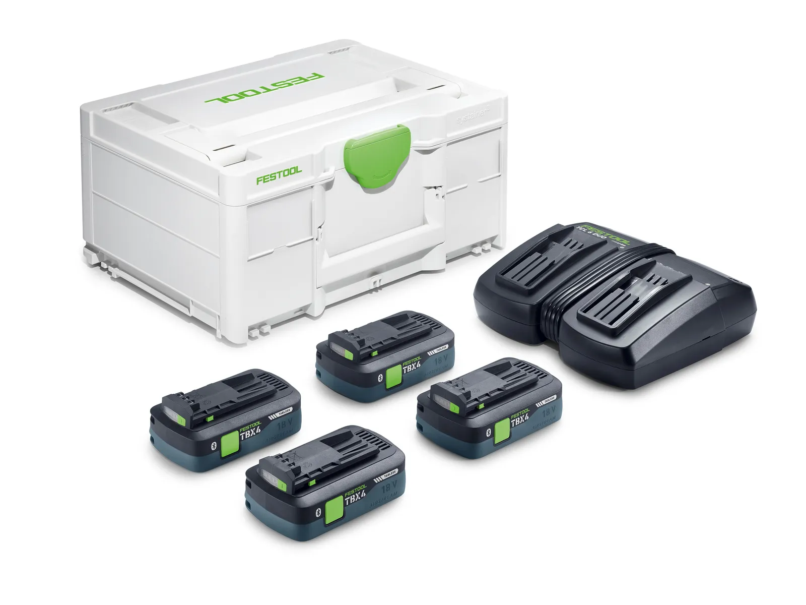 The Festool 578815 Energy set includes a white case, dual charger, and four rechargeable batteries with green and black accents.