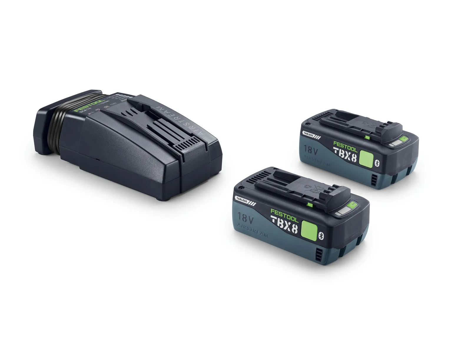 The Festool 578815 Energy set SYS 18V includes an 18V charger and two black batteries with green accents on a white background.