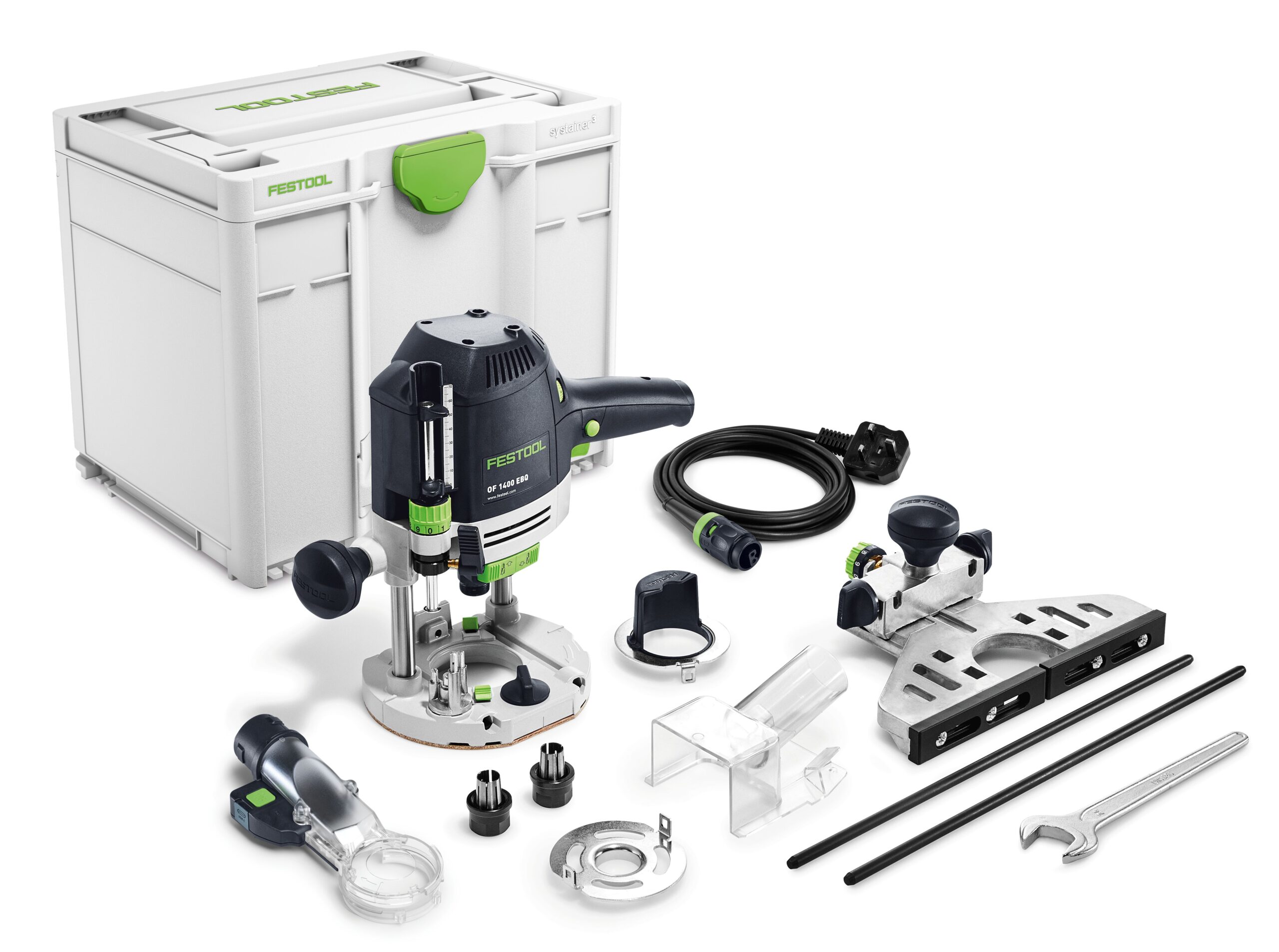 A Festool router kit with router, attachments, wrench, power cord, guide rails, and a white case with green accents on a white surface.