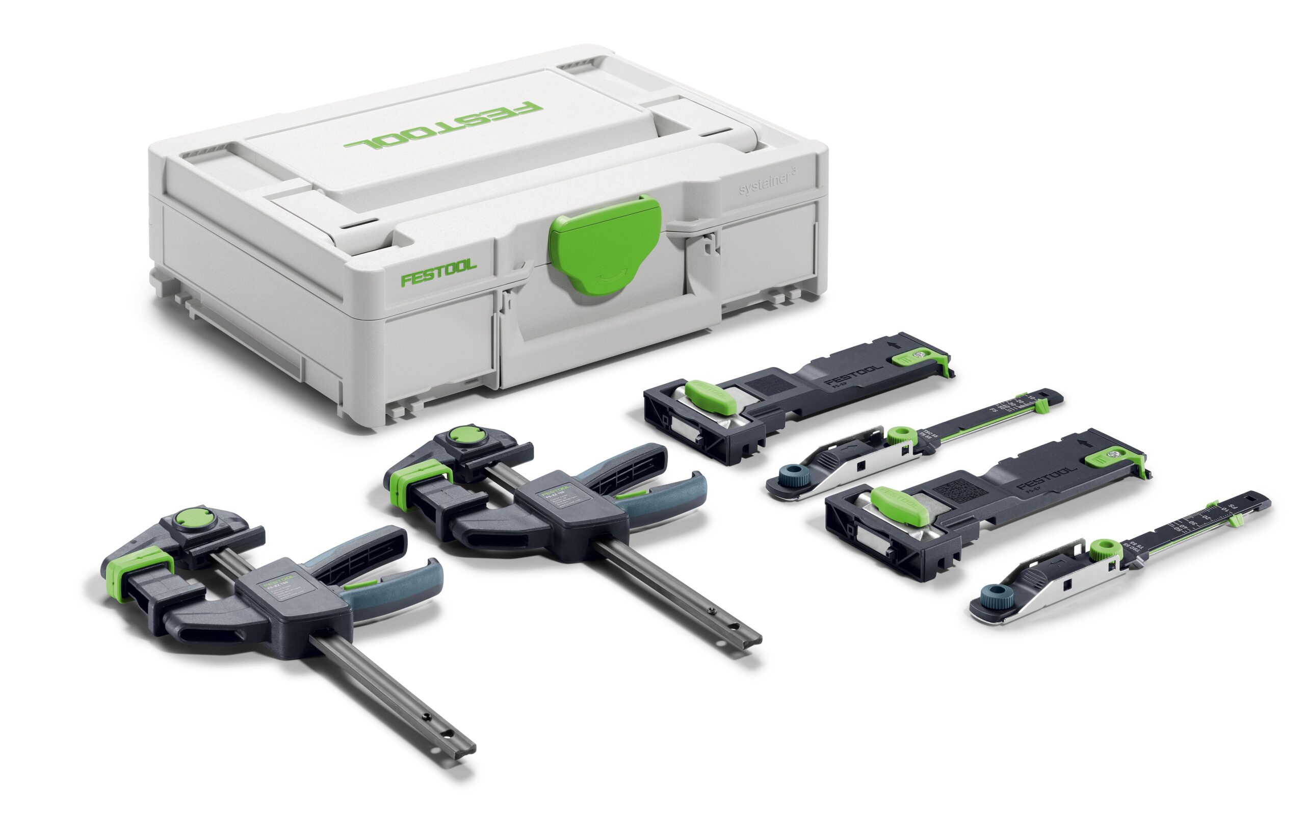 A Festool tool set featuring a white and green carrying case, two large clamps, and three adjustable accessories on a white background.