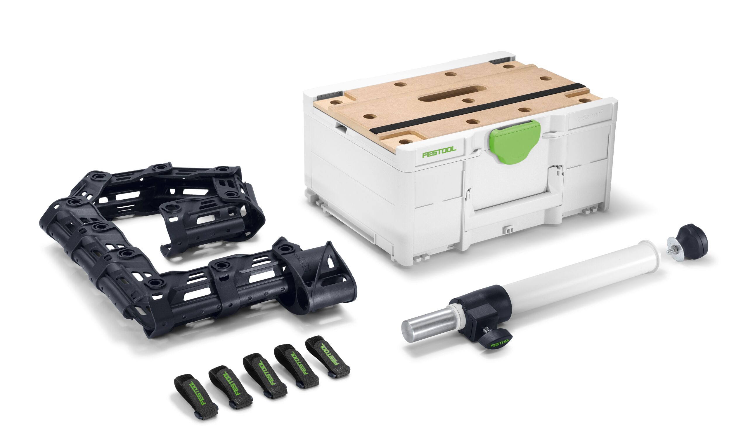 A set of black plastic and metal tool accessories: a chain-like cable organizer, four clamps, a white tube attachment, and a box with green latch.