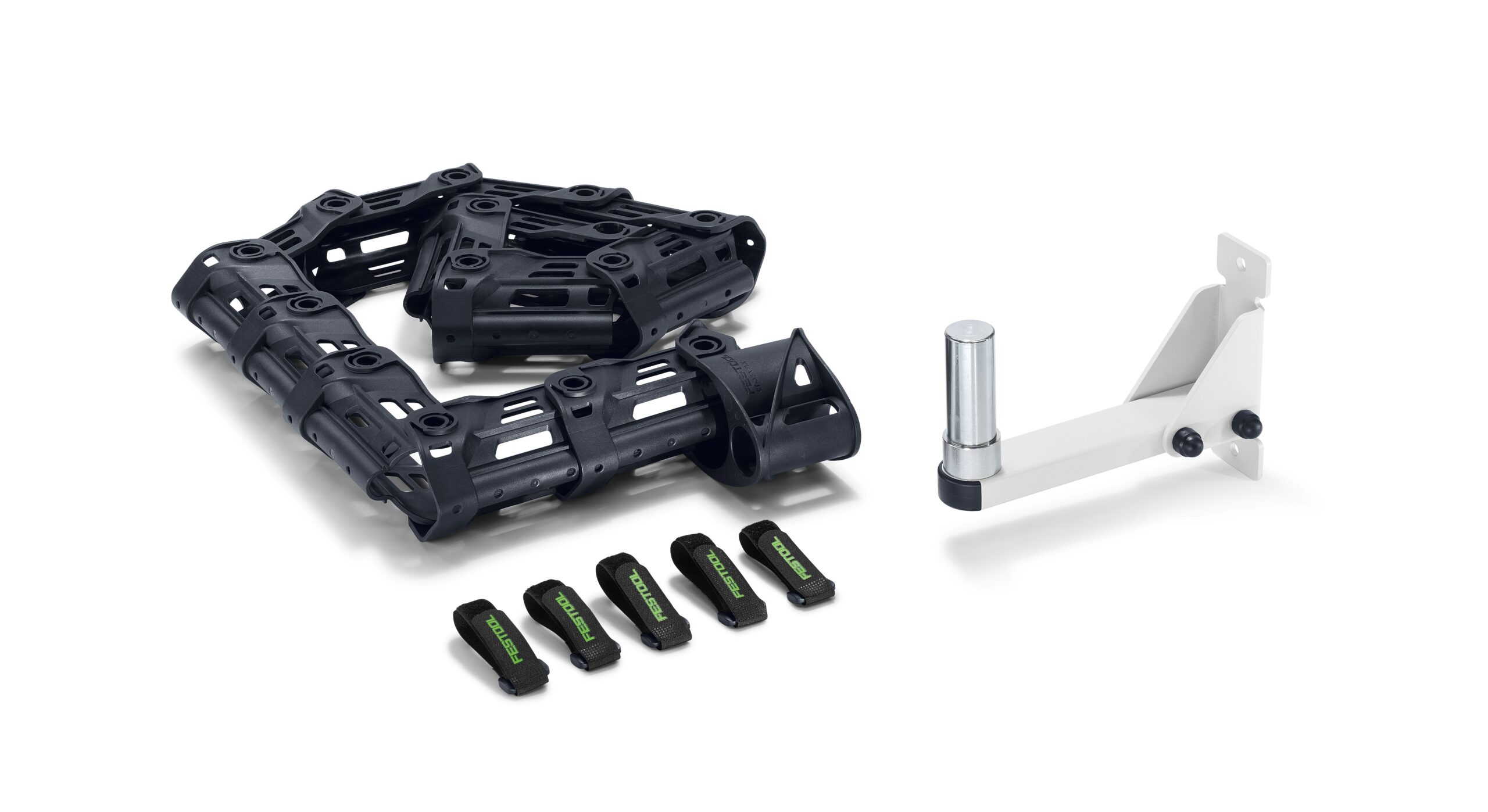 Black cable carriers, five small black and green modules, and a white metal bracket with a cylindrical post on a white background.