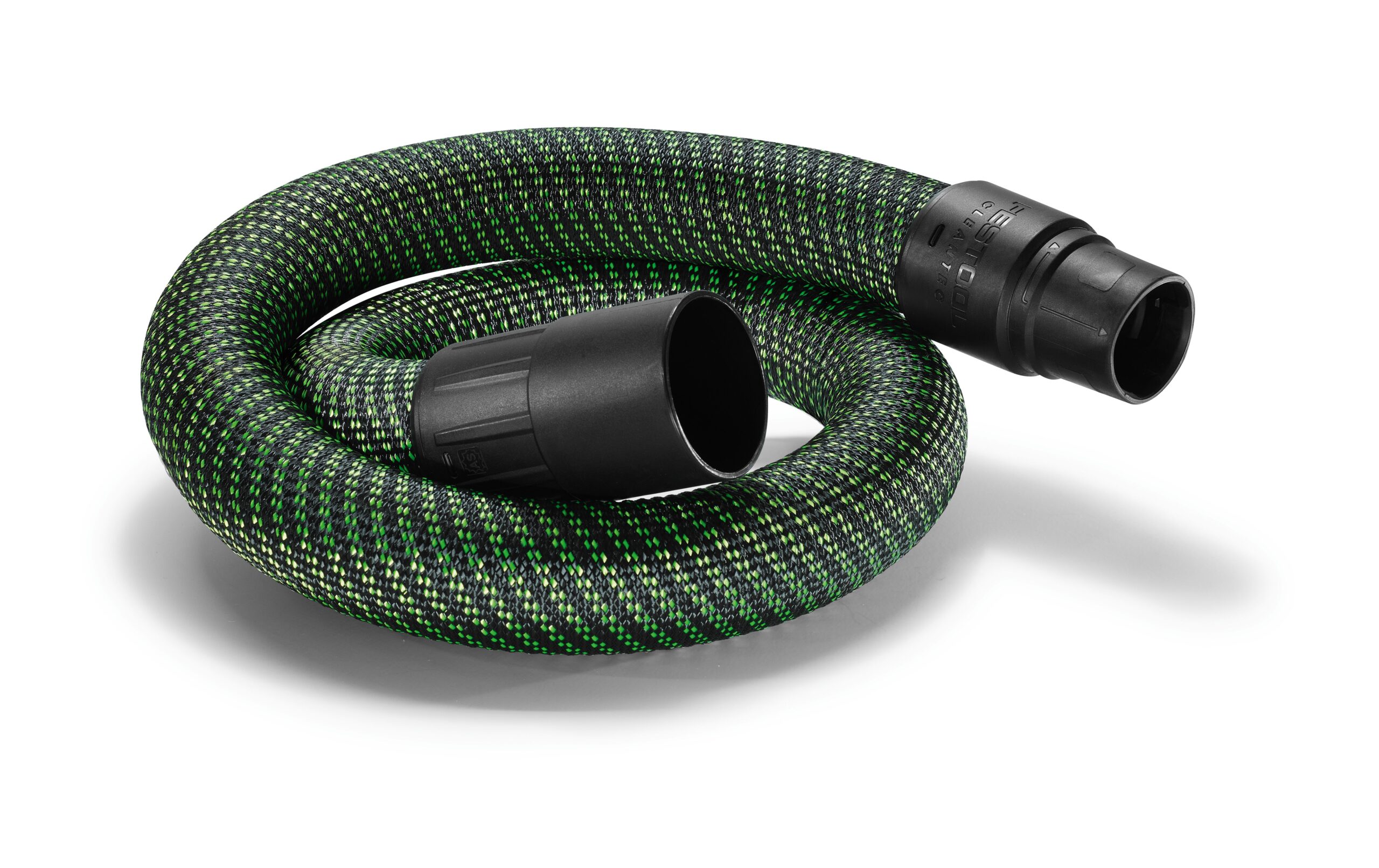 A coiled black and green flexible hose with large black plastic connectors at both ends, lying on a white background.