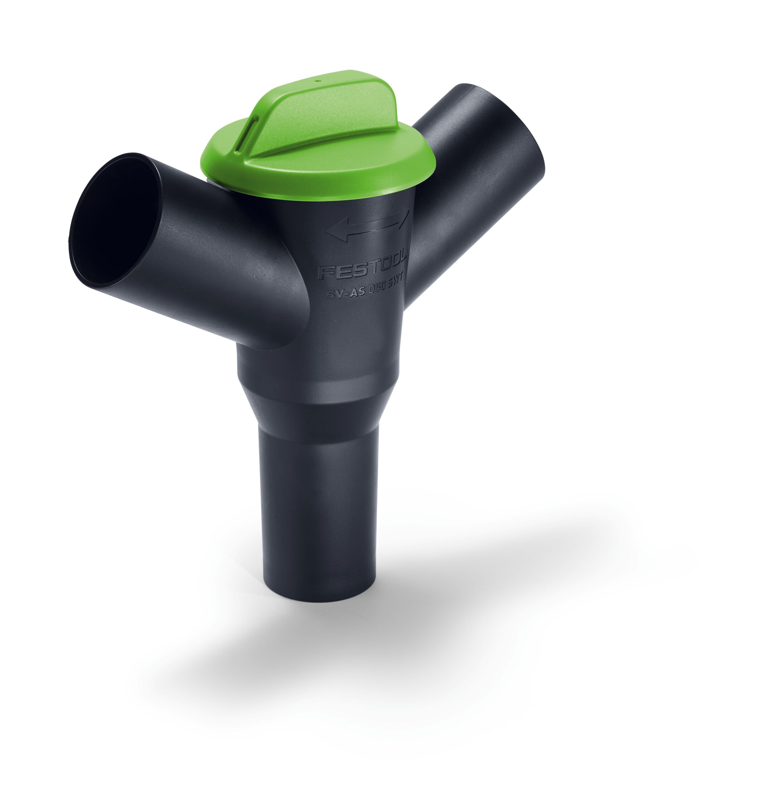 A black plastic Y-shaped vacuum hose adapter with a green rotating cap on top, used to direct airflow between two hoses.