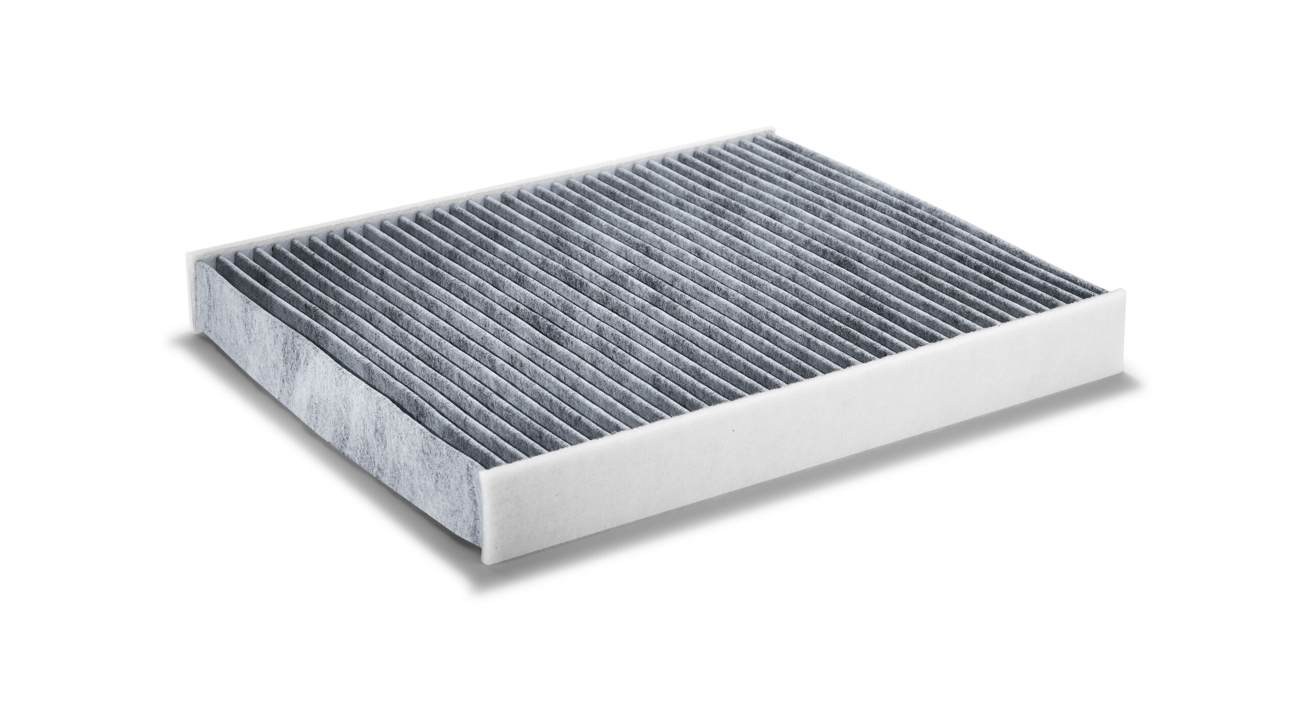 Rectangular, pleated car cabin air filter featuring a white frame and gray filter material, set against a white background.
