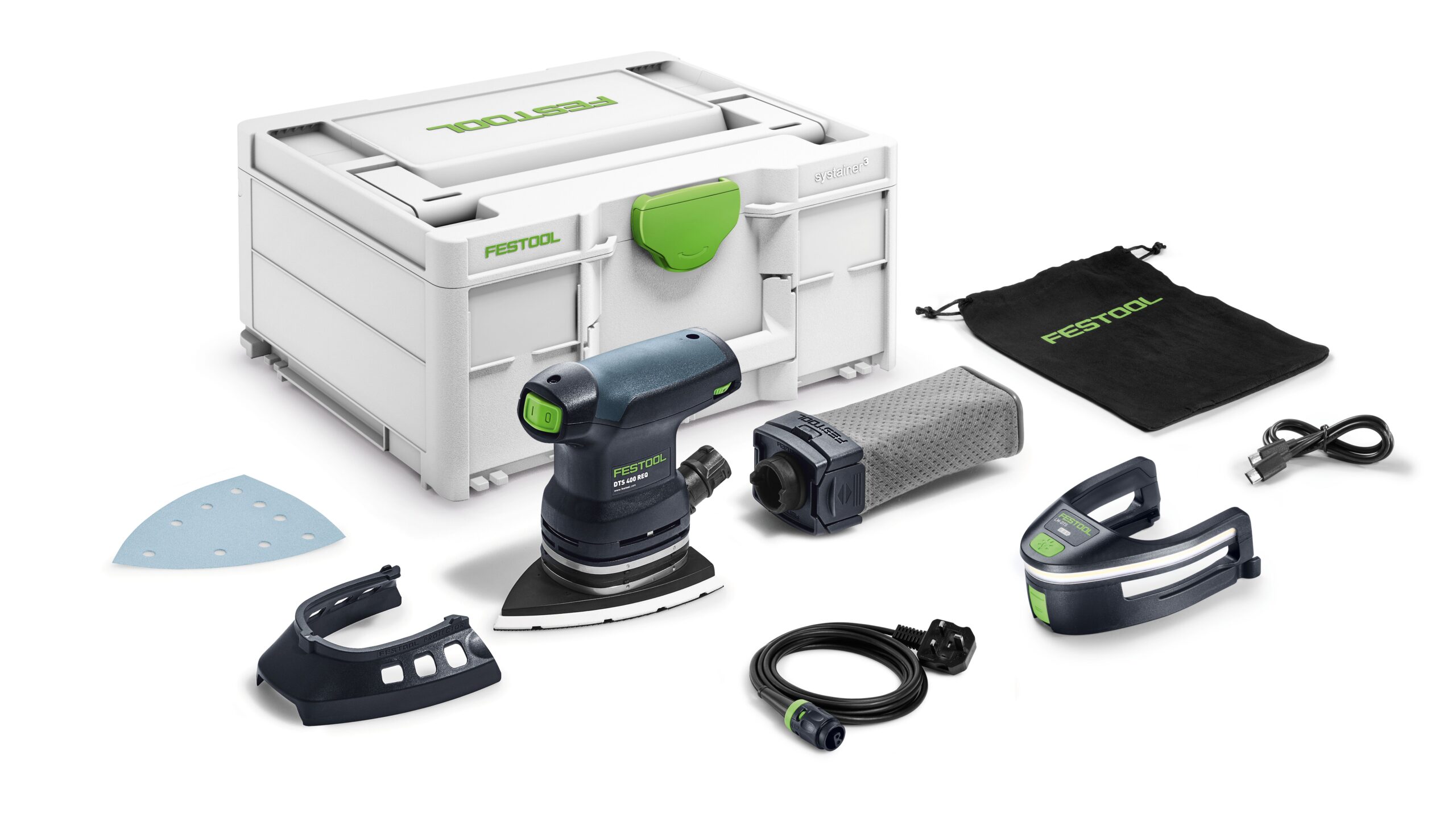 A Festool sanding tool kit with storage case, sander, dust bag, pad, cord, hose, accessories, and a small carrying bag on white.