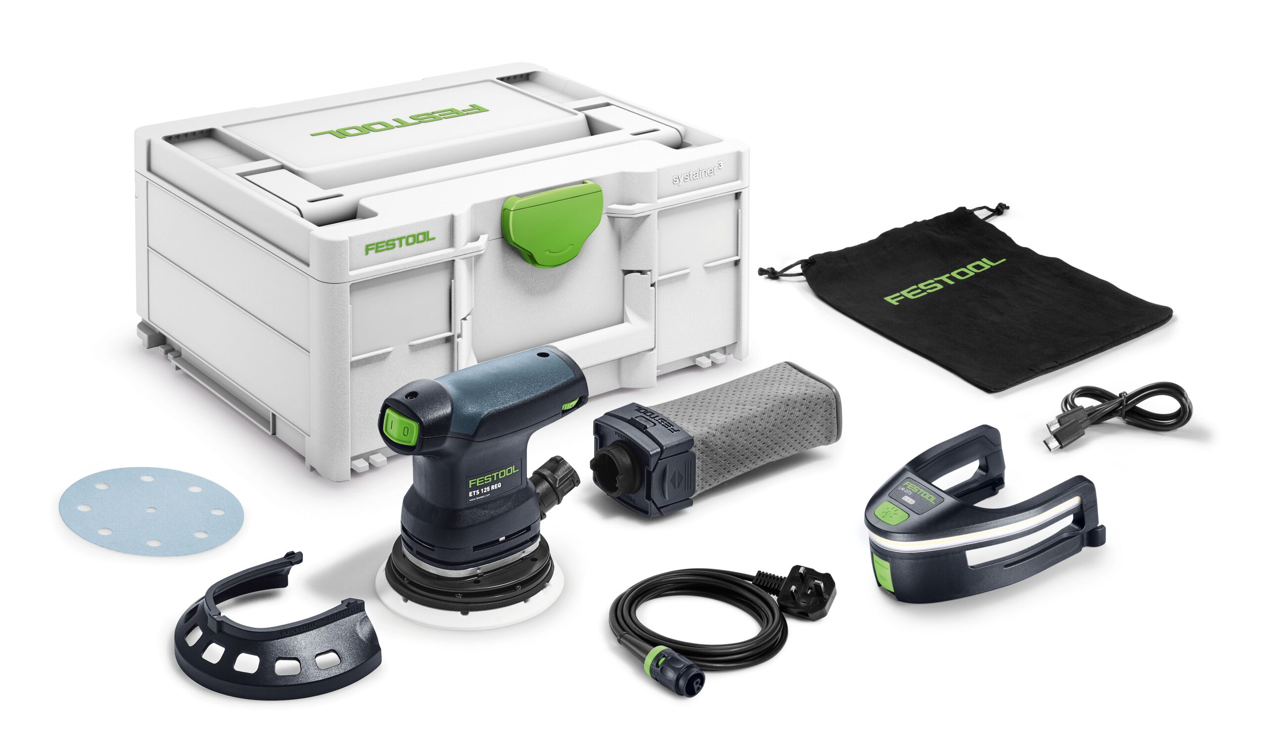 A Festool electric sander kit with accessories is neatly arranged on a white background.