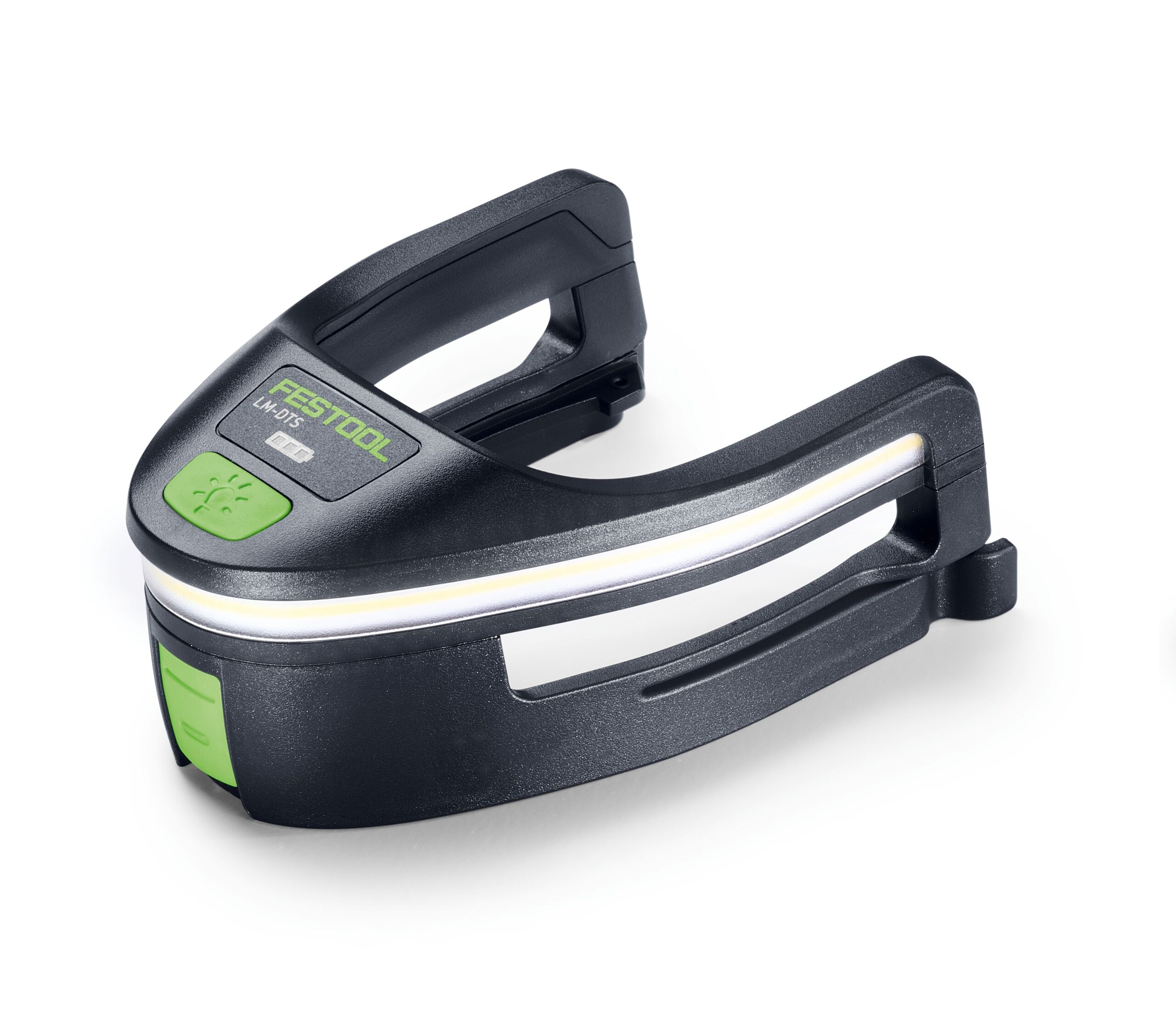 A black and green Festool UVEX Uvex Pheos headlamp with a curved design and an integrated LED light strip on a white background.