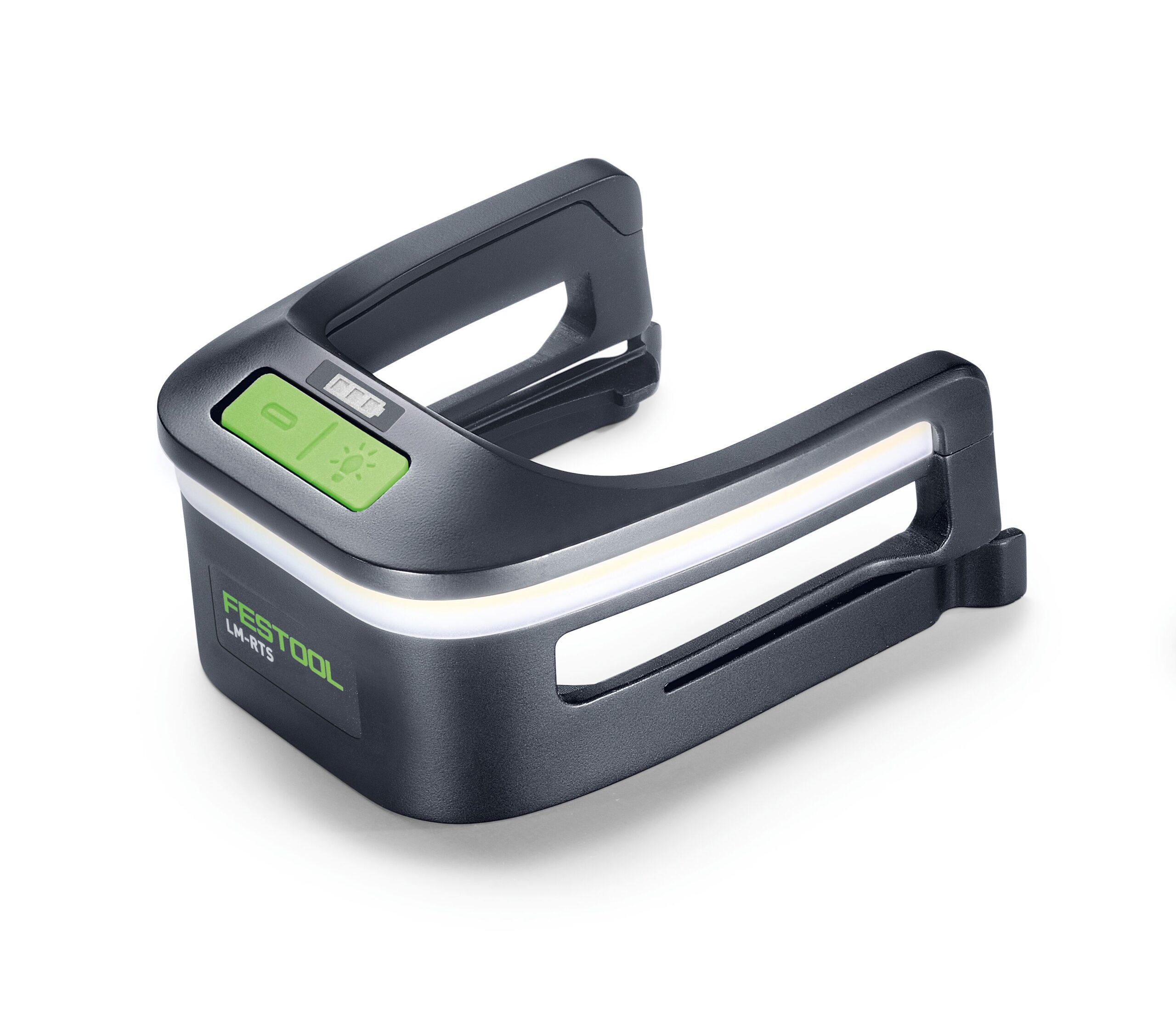 A black Festool LED work light attachment featuring a green power button, small display, and two built-in light strips along the sides.