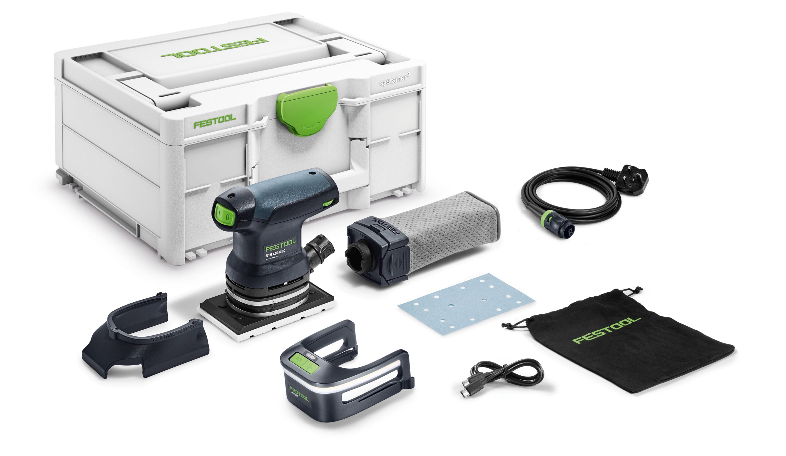 A Festool cordless sander set with a sander, dust bag, battery pack, charger, sanding pad, power cord, accessories, and a white case.