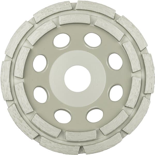 A close-up of the Klingspor 325361 DS300B Diamond Wheel shows its segmented design, light center, and holes for concrete or stone grinding.