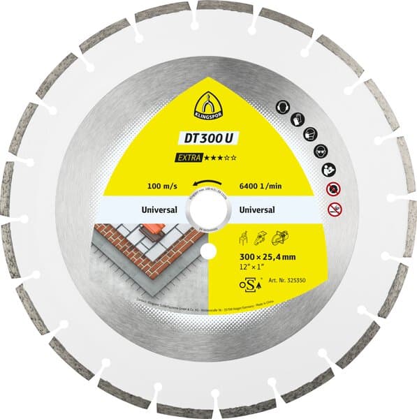 The Klingspor 326831 DT300U Diamond Disc 300x20mm is a circular disc with a silver center and yellow accents, for multi-material use.
