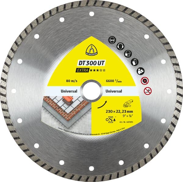 A Klingspor 325354 cutting disc label shows safety icons, speed limits, diameter specs, construction materials, and instructions.