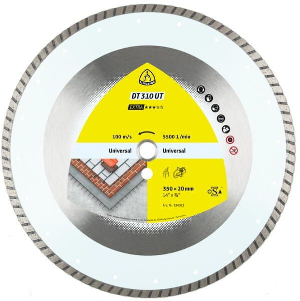 The Klingspor 334092 DT310UT Diamond Turbo Disc has a yellow center and is shown for cutting tiles or bricks.