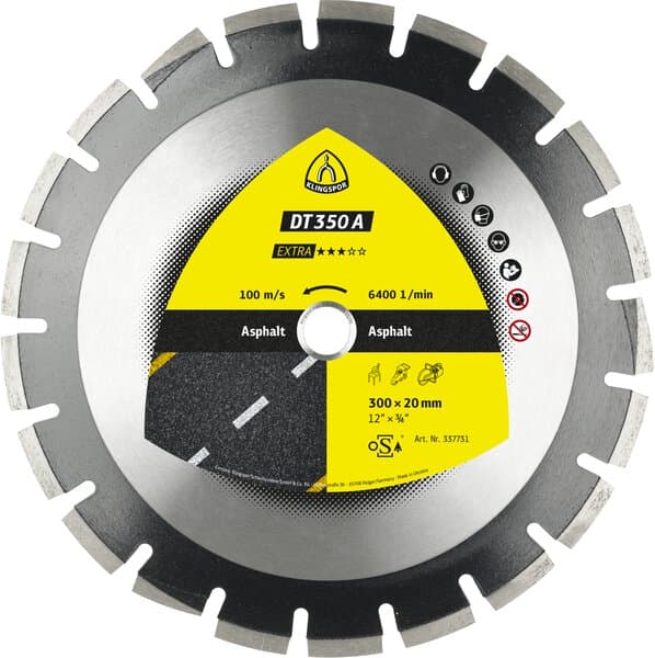 The Klingspor 337731 DT350A Extra Asphalt Blade is a circular, segmented diamond blade with a yellow label and road graphic.