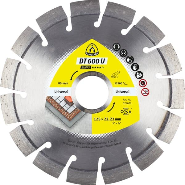 The Klingspor 322630 DT600 U Universal Diamond Disc (115 x 22 mm) cuts brick efficiently, max speed 80 m/s, up to 12,200 RPM.