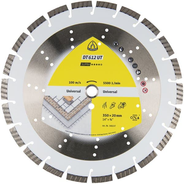 The Klingspor 340224 DT612UT Universal Turbo Diamond Blade is 300x20 mm, circular, segmented, with a yellow and silver center label.