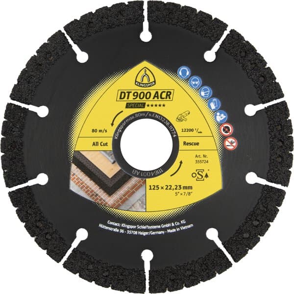 The Klingspor 355724 DT 900ACR diamond blade has a segmented edge, black and yellow label, logos, and usage icons.
