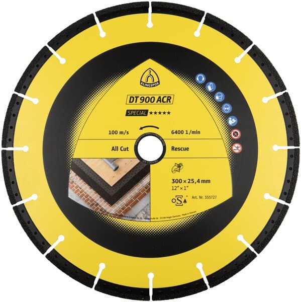 The Klingspor 355729 DT900ACR 350x3.1x20 Rescue diamond blade is a yellow and black circular blade for rescue use.