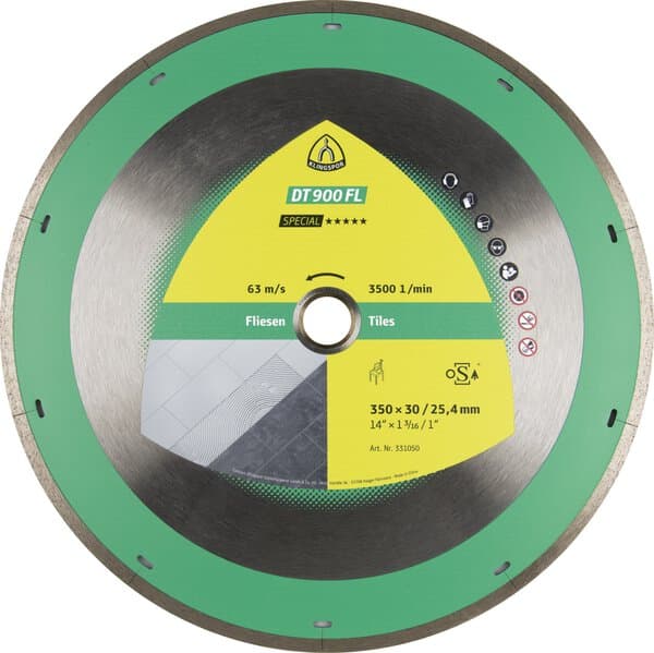 The Klingspor 331047 DT900FL is a circular green and silver diamond porcelain tile blade, 250x2x30 mm, with safety icons and a yellow center label.