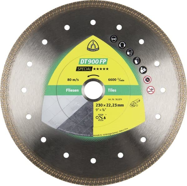 Klingspor DT900FP diamond blade, 125x1.4x22mm, profiled rim for tiles, yellow-green label, icons near the center.