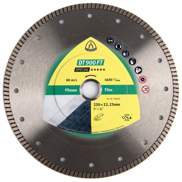 The Klingspor 325393 DT900FT Diamond Disc 125x1.4x22 has a closed rim turbo design for tile cutting with central labeling.