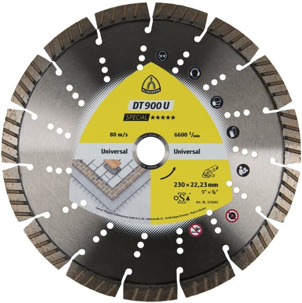 The Klingspor 325206 DT900U Ultra Fast is a segmented diamond blade, 115 x 2.4 x 22.23 mm, with yellow, gray, and black accents.