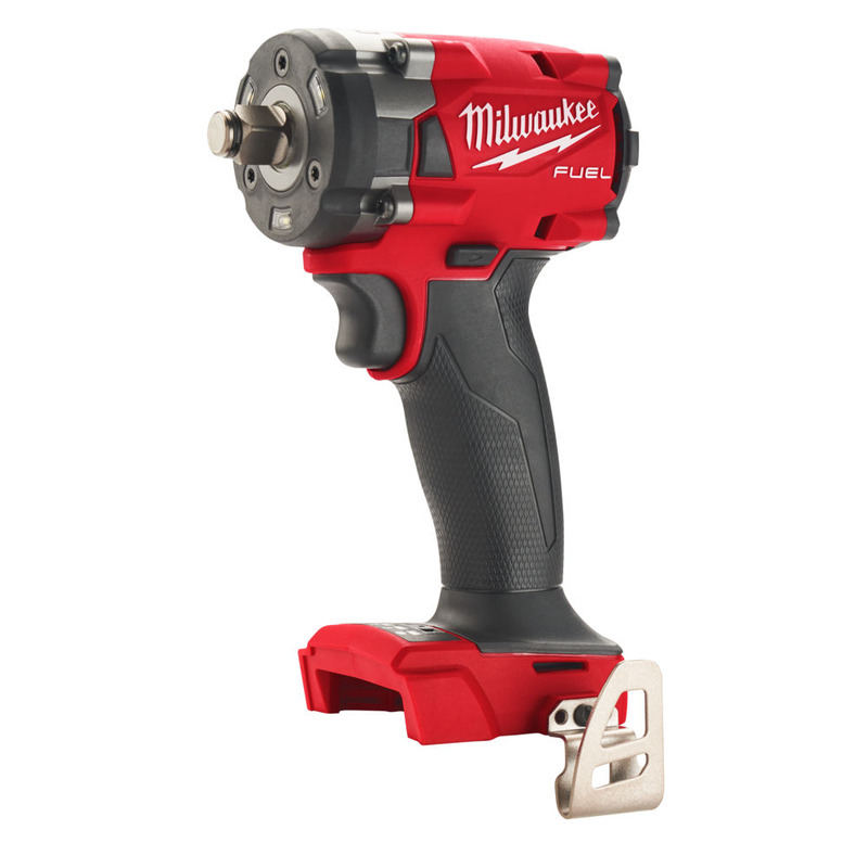 A red and black Milwaukee M18FIW2F12-0 18V Fuel 1/2" Compact Impact Wrench stands upright without its battery attached.