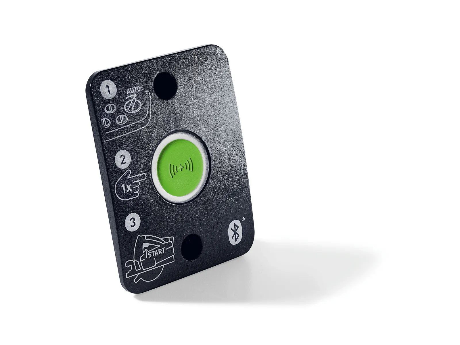 The Festool 578968 Bluetooth module CT-F I/M is a black rectangular device with a large green button and a Bluetooth symbol.