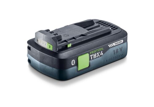 A Festool 18V cordless power tool battery with a green button, black and gray body, Bluetooth symbol, and slide-on connector.