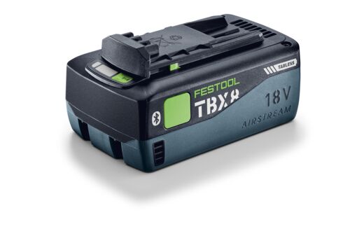 A Festool 18V battery pack with Bluetooth and AIRSTREAM technology, in black and green, labeled T18x and brushless.